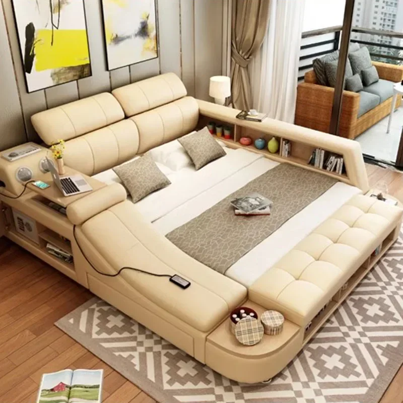 

Queen Size Drawers Double Bed Frame Leg Glamorous Wood Luxury Twin Bed Frame Safe Multifunctional Letto Matrimoniale Furniture