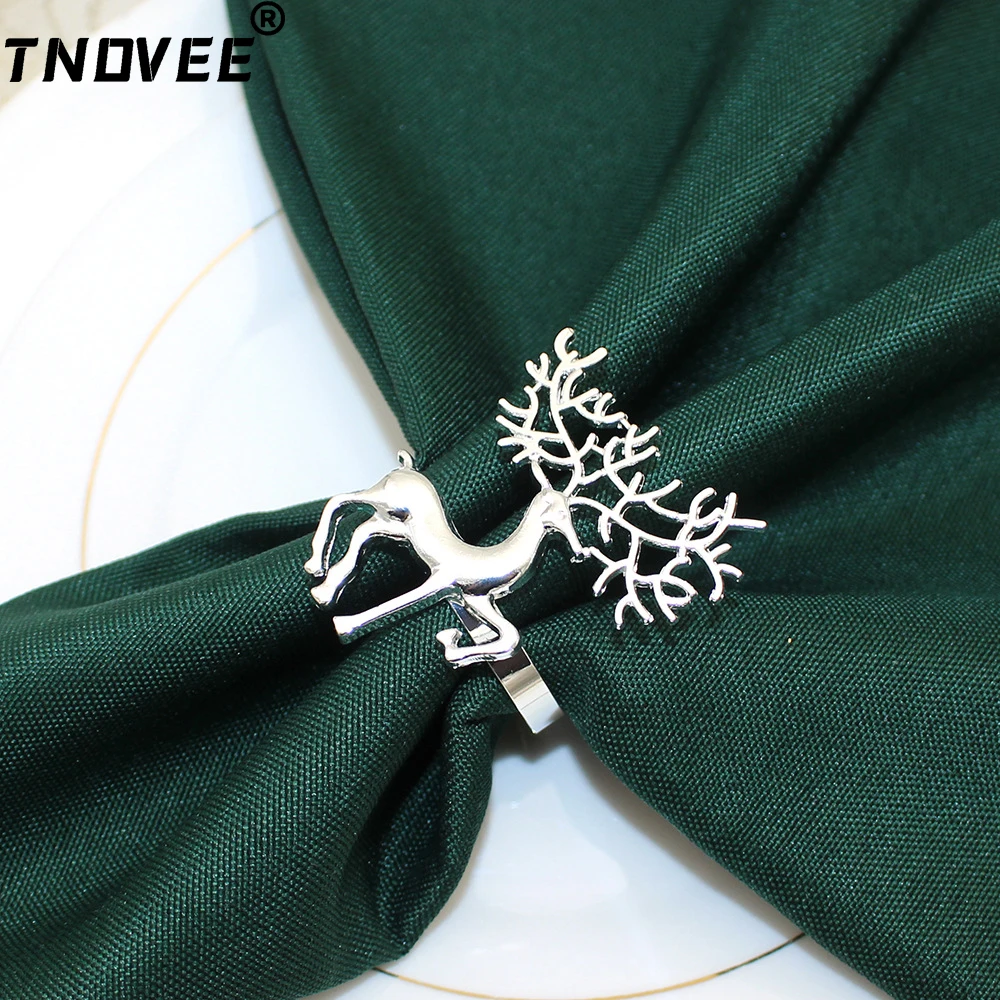 6Pcs Christmas Napkin Rings Silver Deer Napkin Holders Reindeer Napkin Buckle for Xmas Wedding Home Kitchen Table Decor ERC07