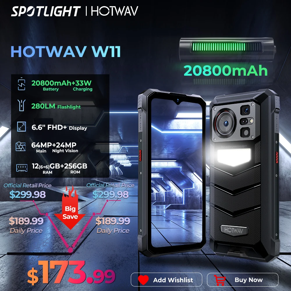 HOTWAV W11 러기드 휴대폰, 20800mAh, 280LM 손전등, 6.6 인치 FHD + 스마트폰, 33W, 24MP 야간 투시경, 월드 프리미어 