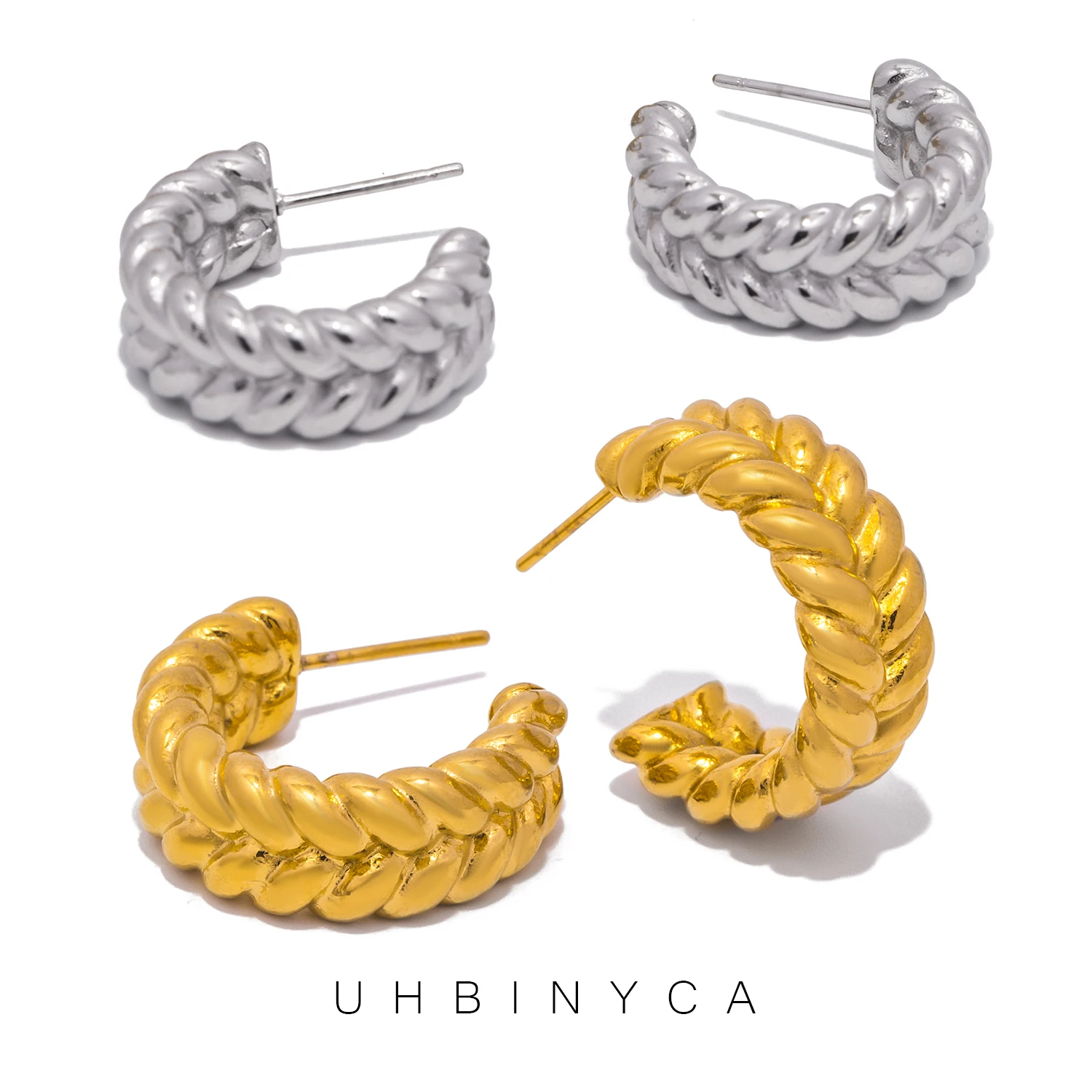 Twists Texture C-shape Chunky Hoop Earring Gold Plated Texture Knot Circle Hoops Statement Fashion Jewelry For Women Girls