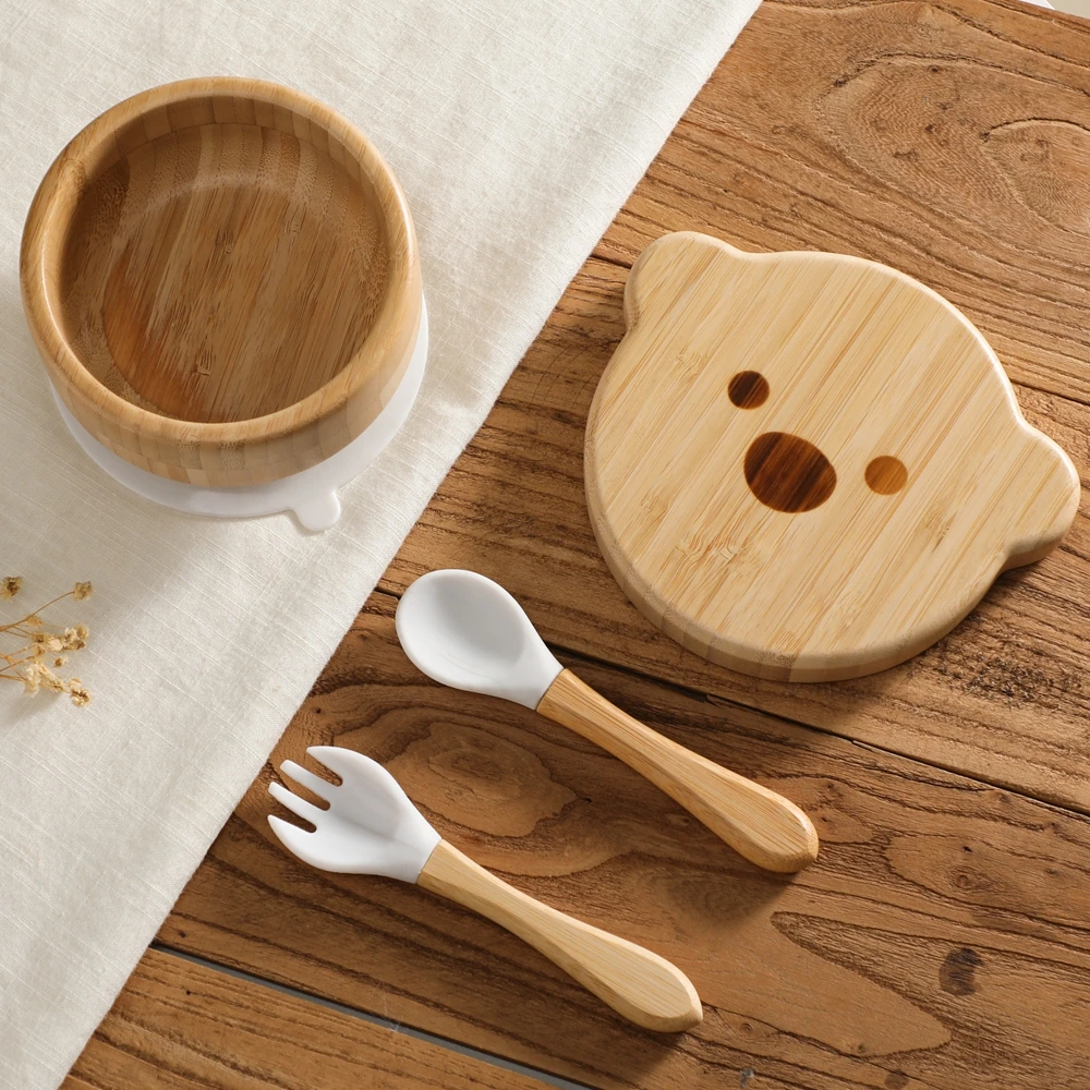 Kids Wooden Plate Set Baby Feeding Bowl Wooden Kids Feeding Supplies Spoon Fork for Baby Waterproof Tableware Suction Plate Bowl