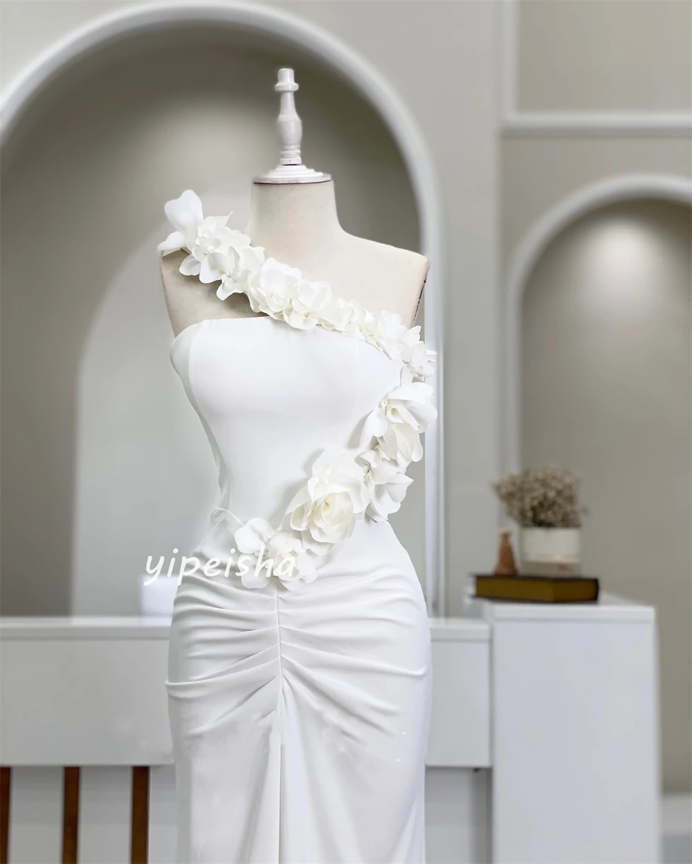 Customized Jersey Flower Ruched Birthday A-line Strapless Bespoke Occasion Gown Long Dresses