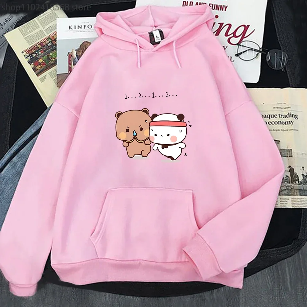 Women Kawaii Panda Bear Hoodie Cute Couple Bubu and Dudu Are Doing Exercise Sweatshirt Girls Tops Long Sleeve Pocket Clothes Men