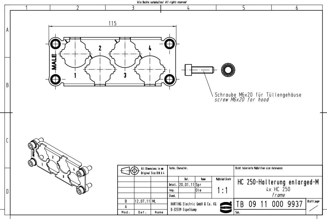 09110009937 HARTING Frame 4xHC250-M 16B bracket for male ferrule