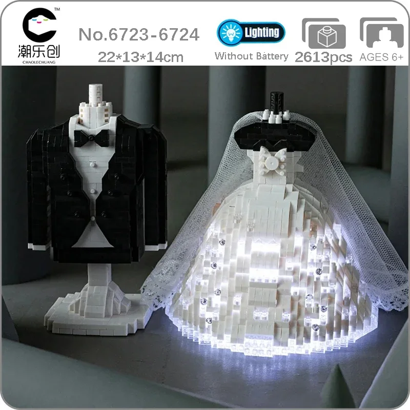 CLC-Jouet de construction en mini blocs de diamant, modèle de collier imbibé de robe de mariée, lumière LED, sans boîte