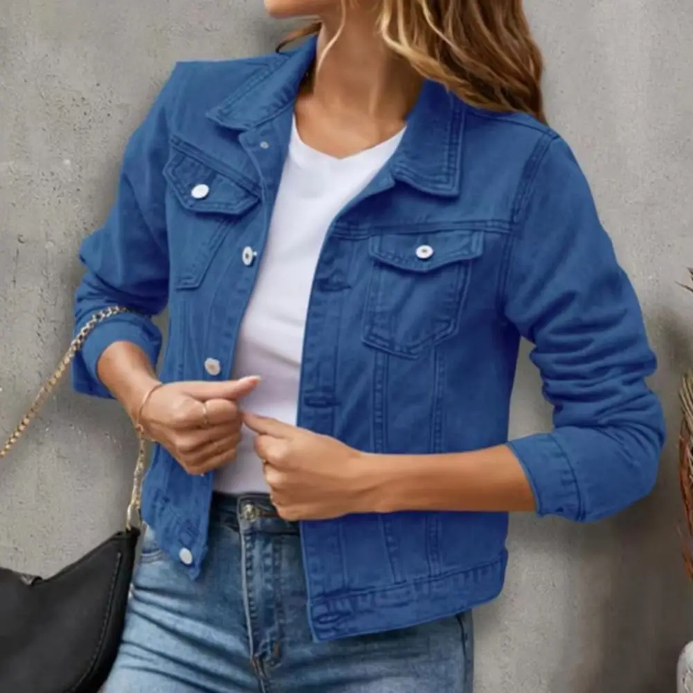 2026 jaquetas jeans femininas manga longa lapela sólida botão para baixo no peito bolso denim casaco moda feminina casual fino jean jaqueta