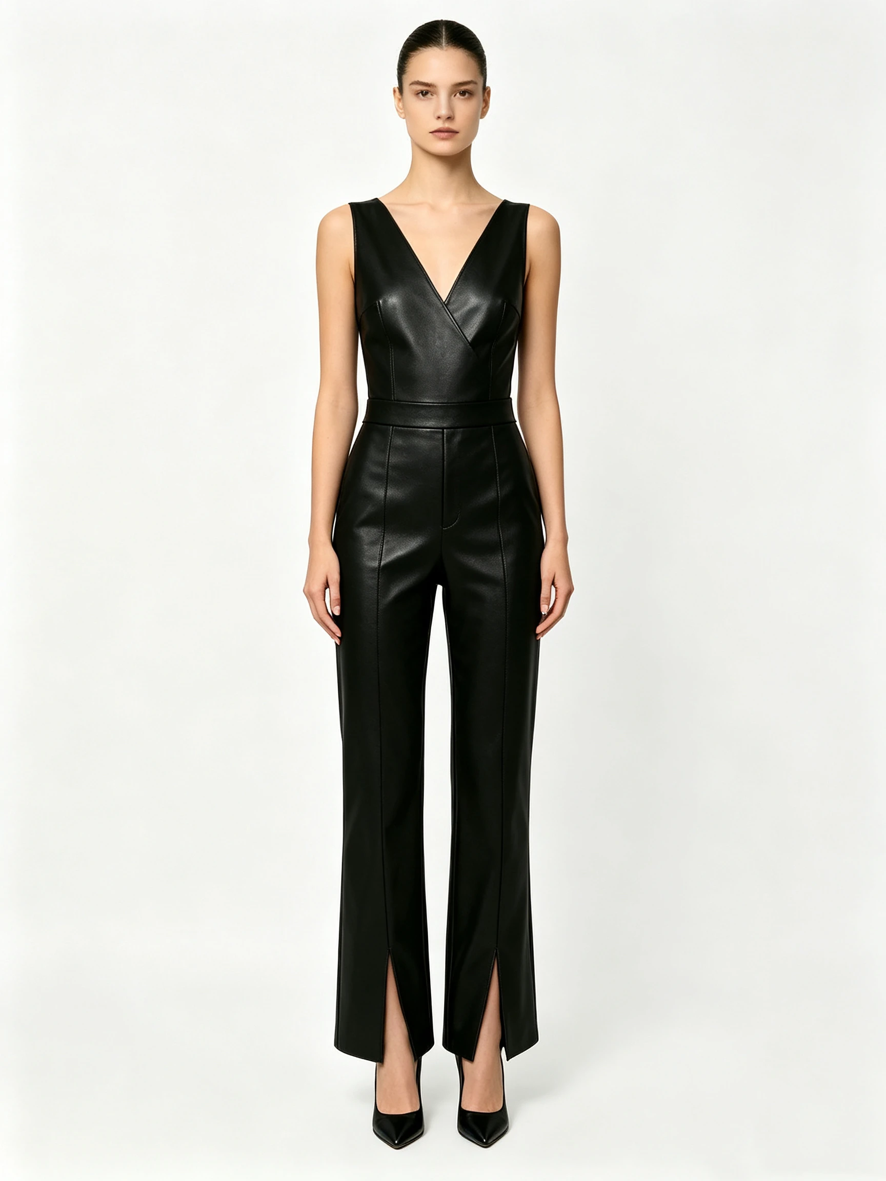 Women's Faux Leather Sleeveless Jumpsuit with Deep V-Neck and Front Slit Flared Legs