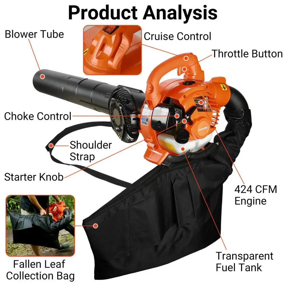2 Stroke Handheld Leaf Blower, Gas Powered Leaf Blower Dual-Purpose (Blowing and Suction) Cleaner