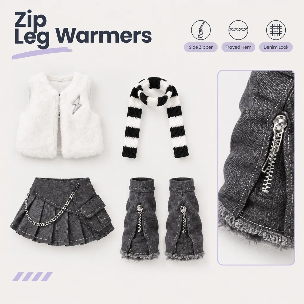 BJD Doll Clothes Cute Street Style Faux Fur Vest, Gray Pleated Skirt, Striped Scarf & Leg Warmers Outfit, Doll Not Included - view 3
