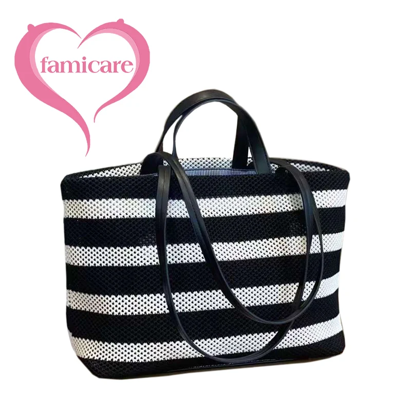 2024 Summer New Women Bag Plaitted Beach Totes Lady Black White Stripe Handbag Female Denim Striped Woven Shopping Shoulder Bag