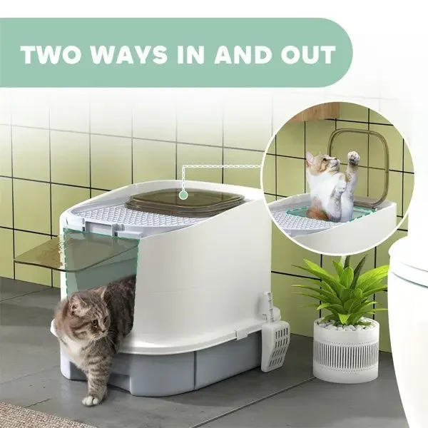 

No Assembly Enclosed Cat Litter Box with Odor-Control & Top Exit Design – 10lb Capacity, Removable Tray, Scoop Included