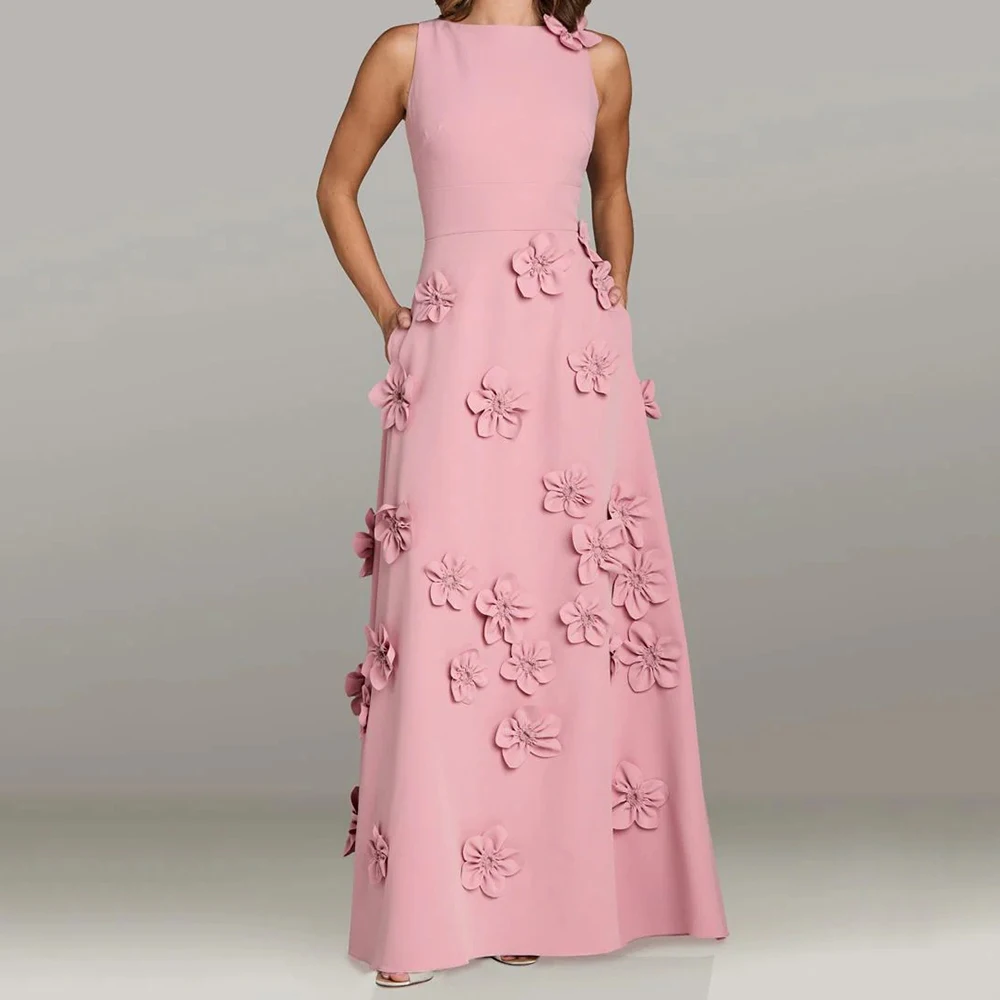 

Customized A-line Evening Dresses Floor-length Boat Neck Sleeveless Prom Gown Fashion Flowers Simple Draped Casual Party Gown