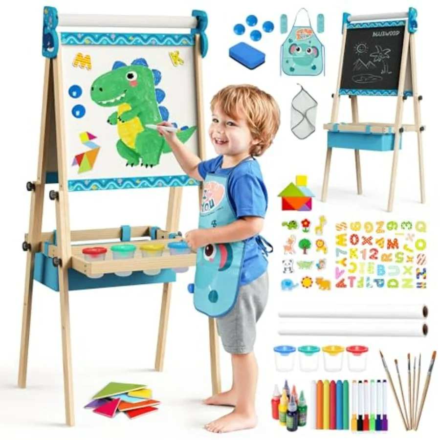

Easel for Drawing Double Sided 4-in-1 Painting Art Stand Adjustable Wooden Easel Set Toddlers Magnetic Whiteboard Chalkboard wi