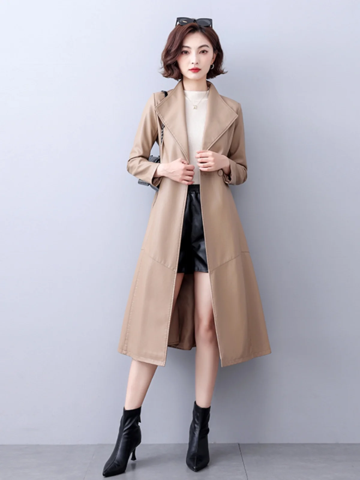 Cappotto in Vera Pelle Haining da Donna, Lunghezza Media, Autunno Inverno 2023, Slim Fit, Antivento, con Cintura in Vita