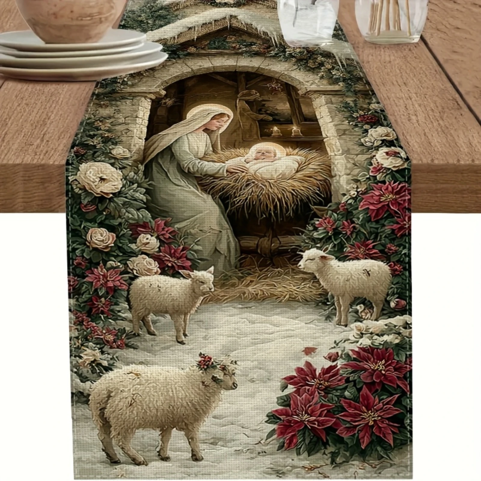Christmas Table Runner Virgin Mary and Youngsters Jesus with Sheep and Flowers Design Holiday Dining Serene Scene Decor