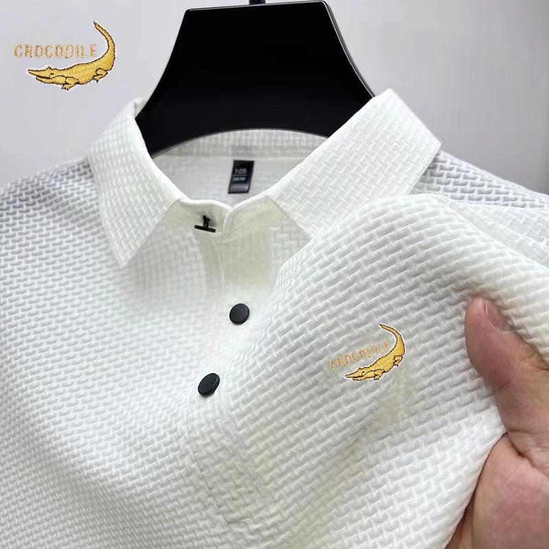 

Summer Men's Embroidered CROCODILE Silk Hollow Knitted Short Sleeved Polo Shirt Korean Luxury Fashion Casual Breathable Top