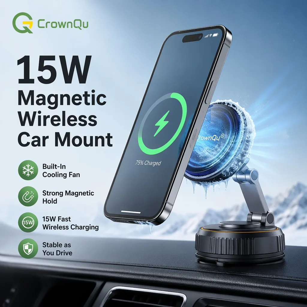 15 W magnetisches kabelloses Schnellladegerät für den Auto-Handyhalter 360 °   Rotierender Vakuum-Saugnapf mit Eingebautem Lüfter für iPhone und Android