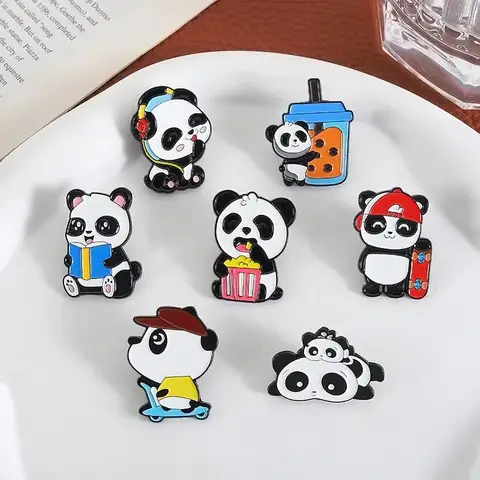 2/5/7/8pcs Cute Chinese Panda Brooches Cartoon Lounge Chair Tea cup Panda Animals Badges Bags Hats Shirt Lapel Pins Jewelry