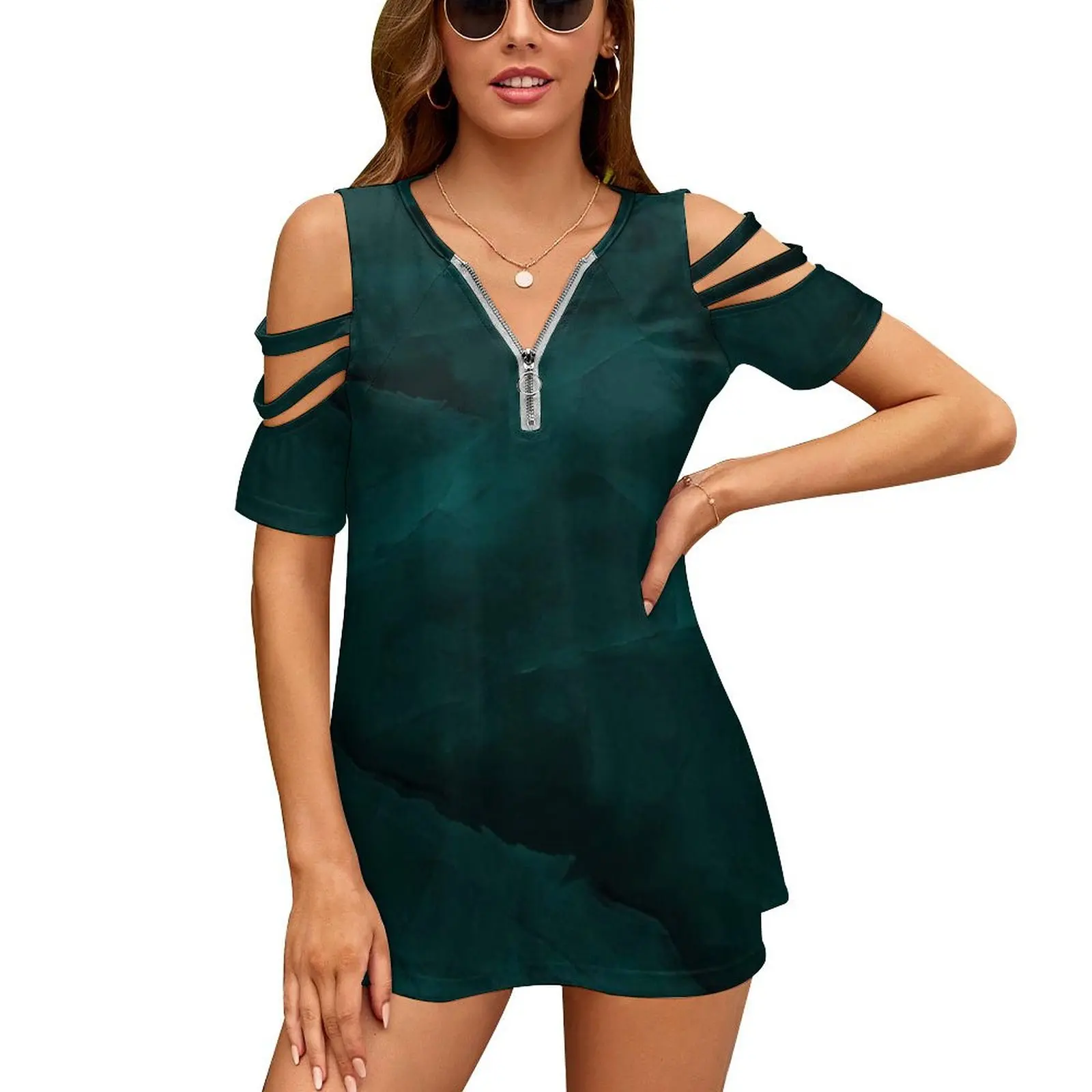 Dark Turquoise Marble Women'S T-Shirt New Fashion Printed Zipper V-Neck Short Sleeve T Shirts Casual Plus Size Dark Turquoise