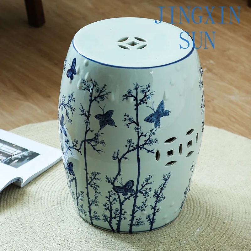 Blue and white porcelain shoe changing stool ceramic drum stool new Chinese round