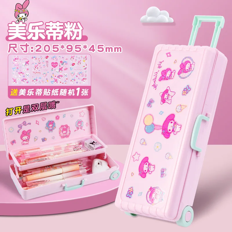 Sanrio New Student Stationery Cartoon Kuromi Trolley Box Stationery Box Large Capacity Double Folding Pencil Case Charm Gift