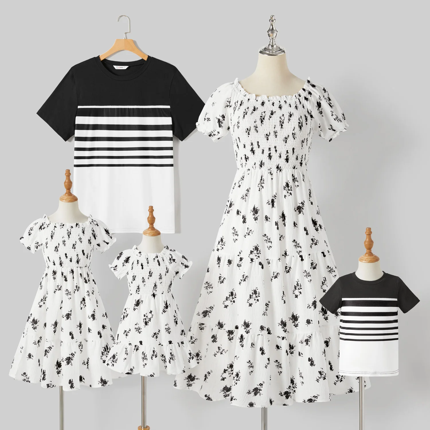 

Family Matching Allover Floral Print Off-Shoulder Smocked Dresses and Stripe Panel Short-sleeve T-shirts Sets
