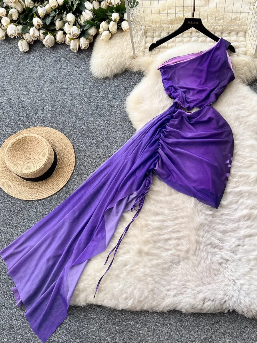 فستان Foamlina العصري Ins المتخصص بخصر واحد وكتف واحد بدون أكمام مطبوع فساتين نسائية صيفية غير متماثلة ميدي Bodycon