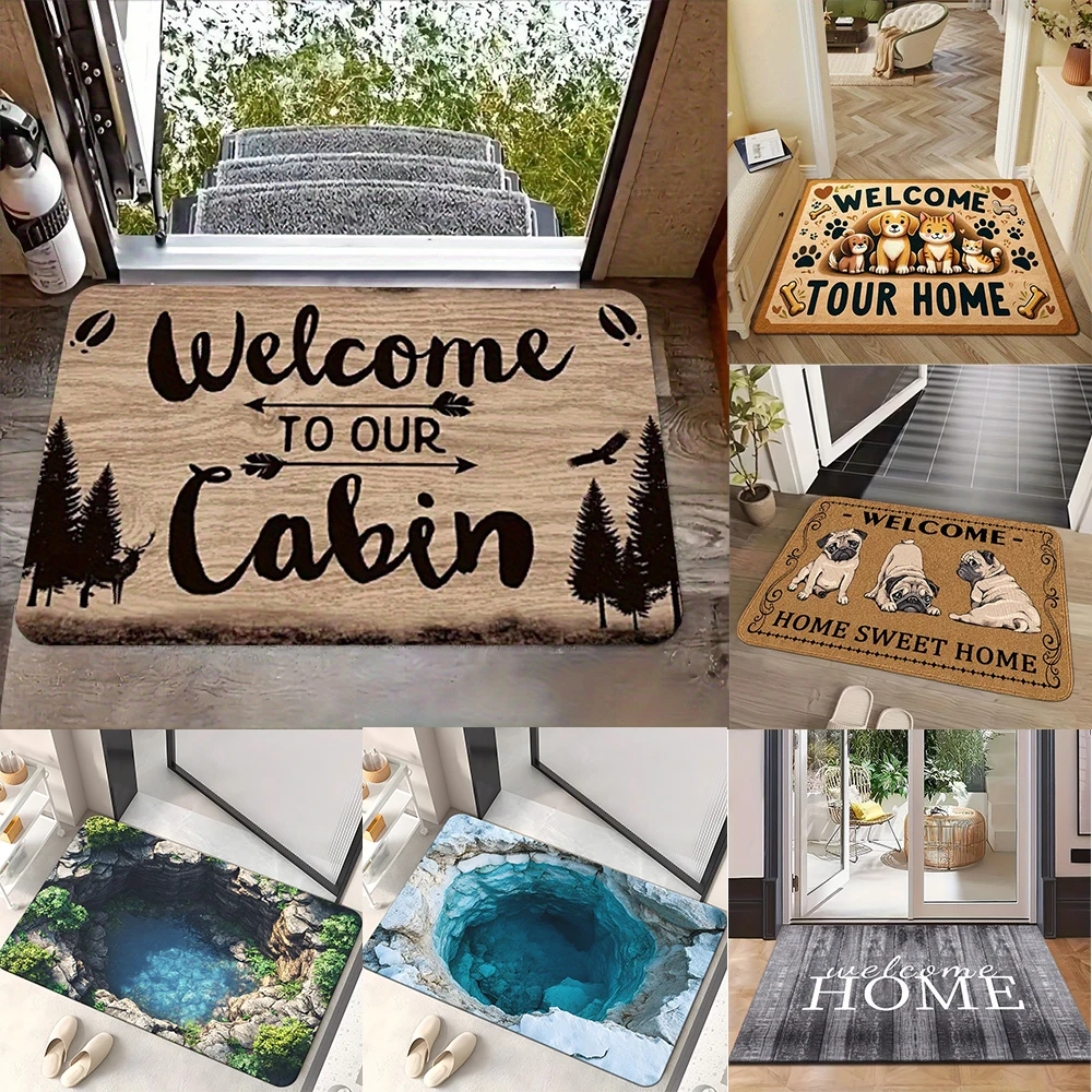Welcome Theme Door Mat With Retro Natural Wood Stone Woven Geometric Patterns Soft Decorative Entryway Rug For Front Door Decor