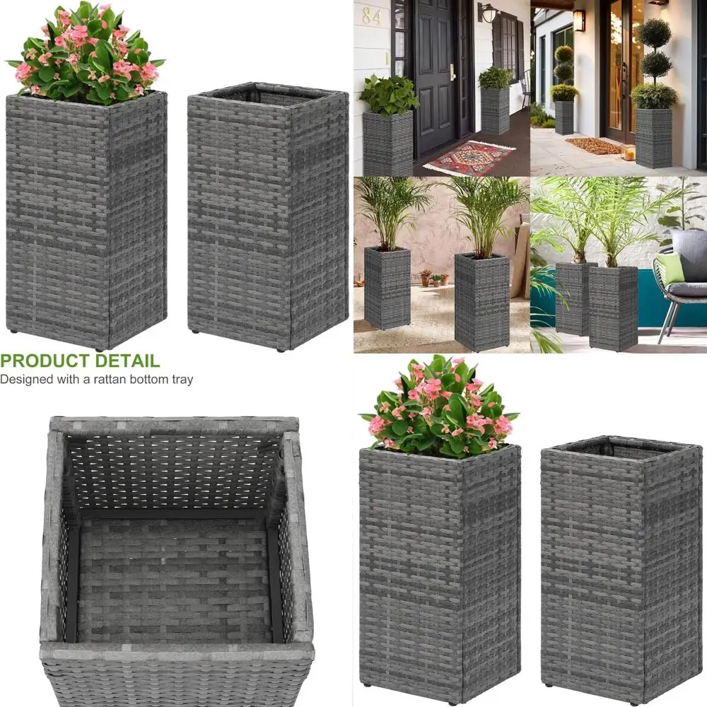 

Set of 2 Handcrafted 24 Square Wicker Tall Planters with Removable Liners for Indoor and Outdoor Garden Use - Gray