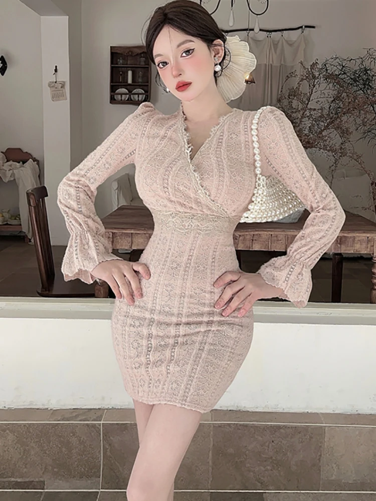 

Women Elegant Lace Jacquard Bow Bandage Mini Dress Spring Autumn Long Sleeve Bodycon Casual Dress 2026 Korean Elegant Prom Dress