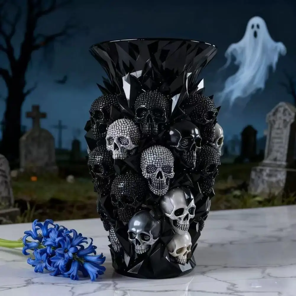 Gothic Skull Resin Vase Black Crystal Texture Flower Pot Halloween Home Tabletop Decoration Dark Style Ornament 2027 Halloween