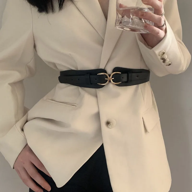Fashion Korean PU Leather Belt Women Double-Button Girdle Buckle Waist Strap Suit Jacket Coat Dress Simple Decoration Waistband