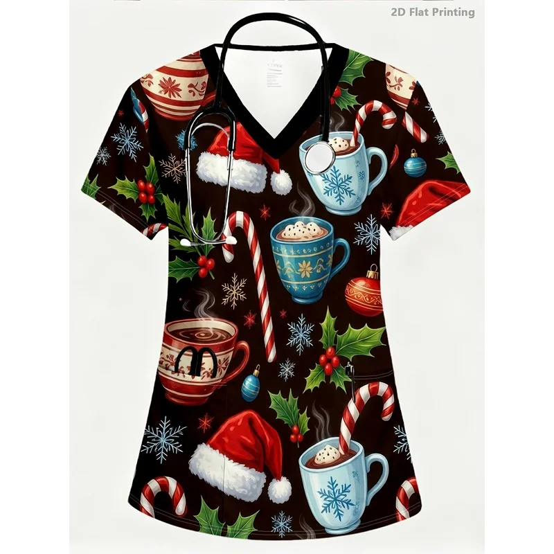 A women's nurse uniform，Vintage Christmas nurse top with candy cane and Santa hat print，Holiday season items