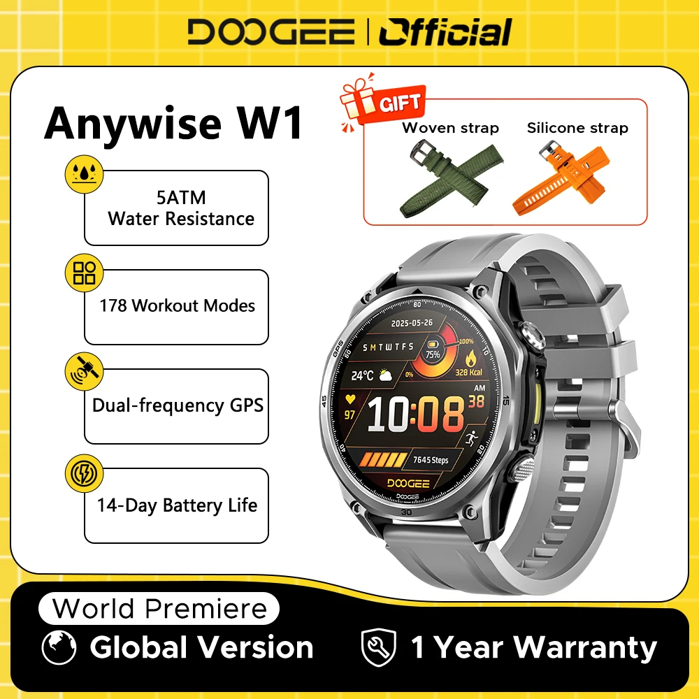 

Умные часы DOOGEE ANYWISE W1 с водонепроницаемостью 5ATM, 178 спортивными режимами, функцией напоминаний, мониторингом здоровья и двухчастотным GPS