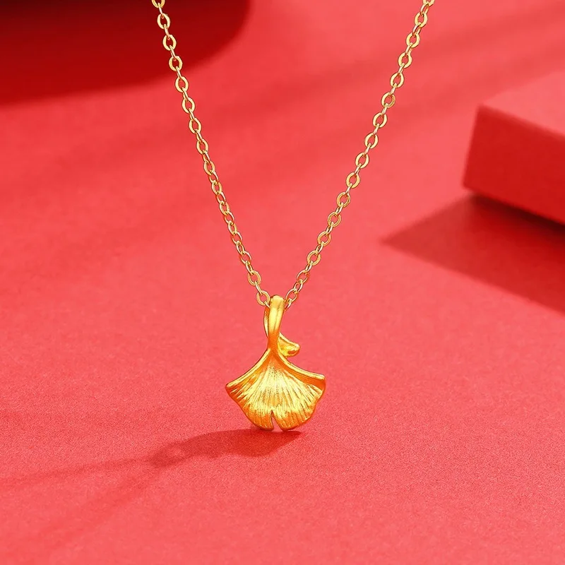 

Luxury 24K 9999 Pure Gold real gold Women's Ginkgo Leaf Pendant Necklace