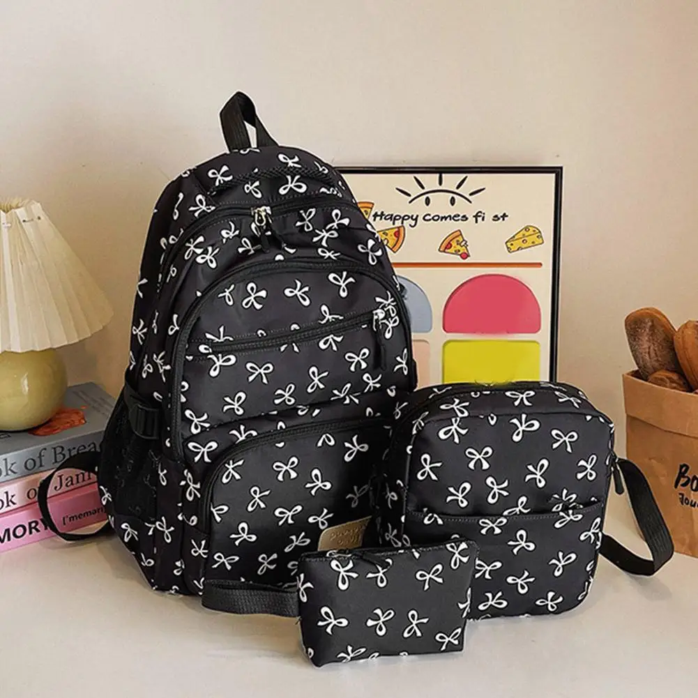 3Pcs/Set Fashion Large Capacity Bow Backpack Bow Print Nylon School Bag Set Adjustable Versatile Backpack For Leisure Travel