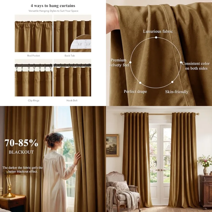 

120 Inch Velvet Curtains for Living Room, Vintage Gold Brown out Thermal Insulated Window Curtain Panels for Sliding Glass Door