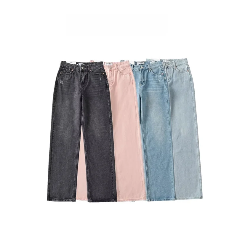 جينز نسائي عالي الخصر مستقيم الساق صيف 2023 تصميم سينسيشن متعدد الاستخدامات متوسط ​​الخصر وواسع الساق متوتر بطول الأرض سراويل...