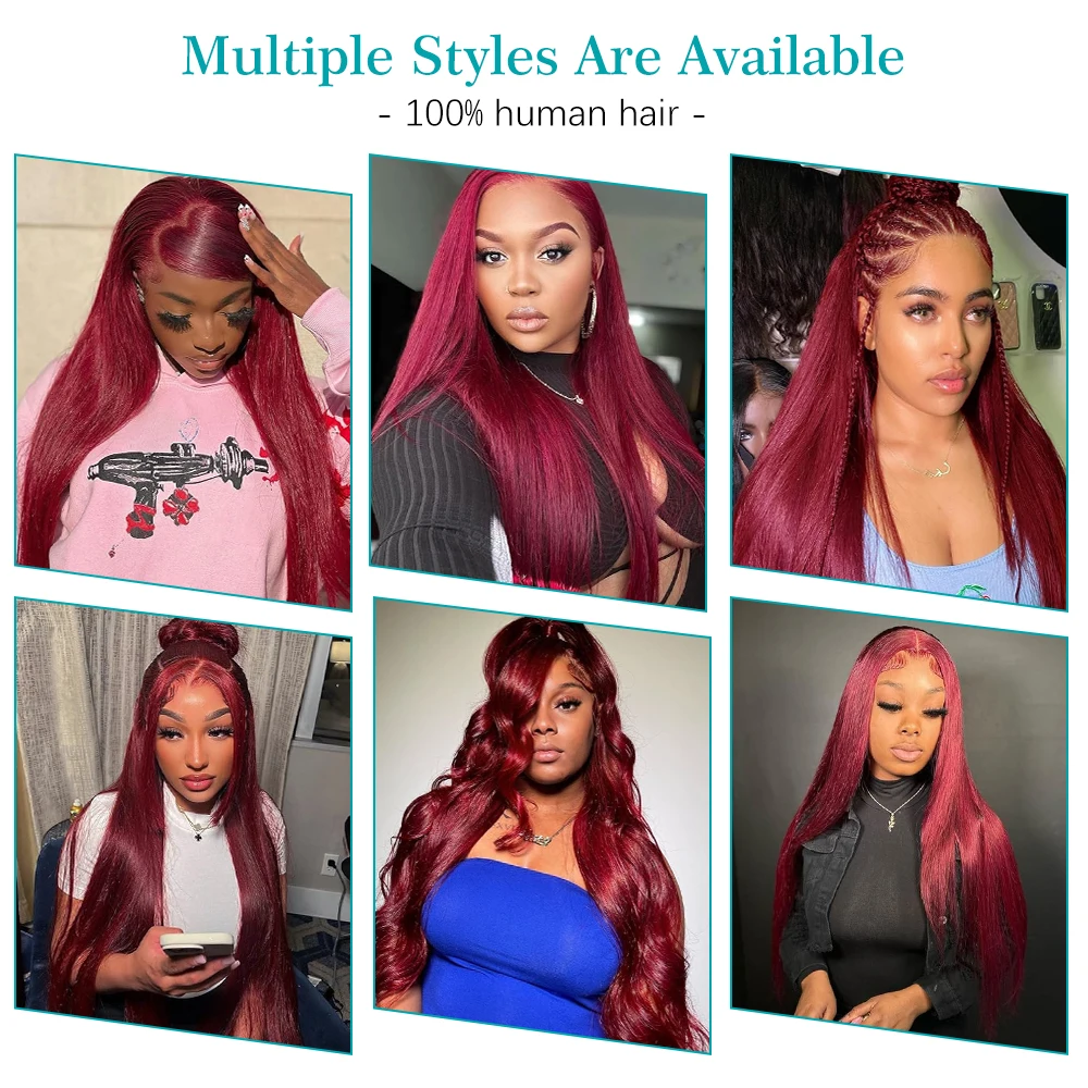 220 Density 99J Burgundy 13x6 HD Transparent Lace Frontal Wig 13x4 Bone Straight Colored Lace Front Human Hair Wigs For Women