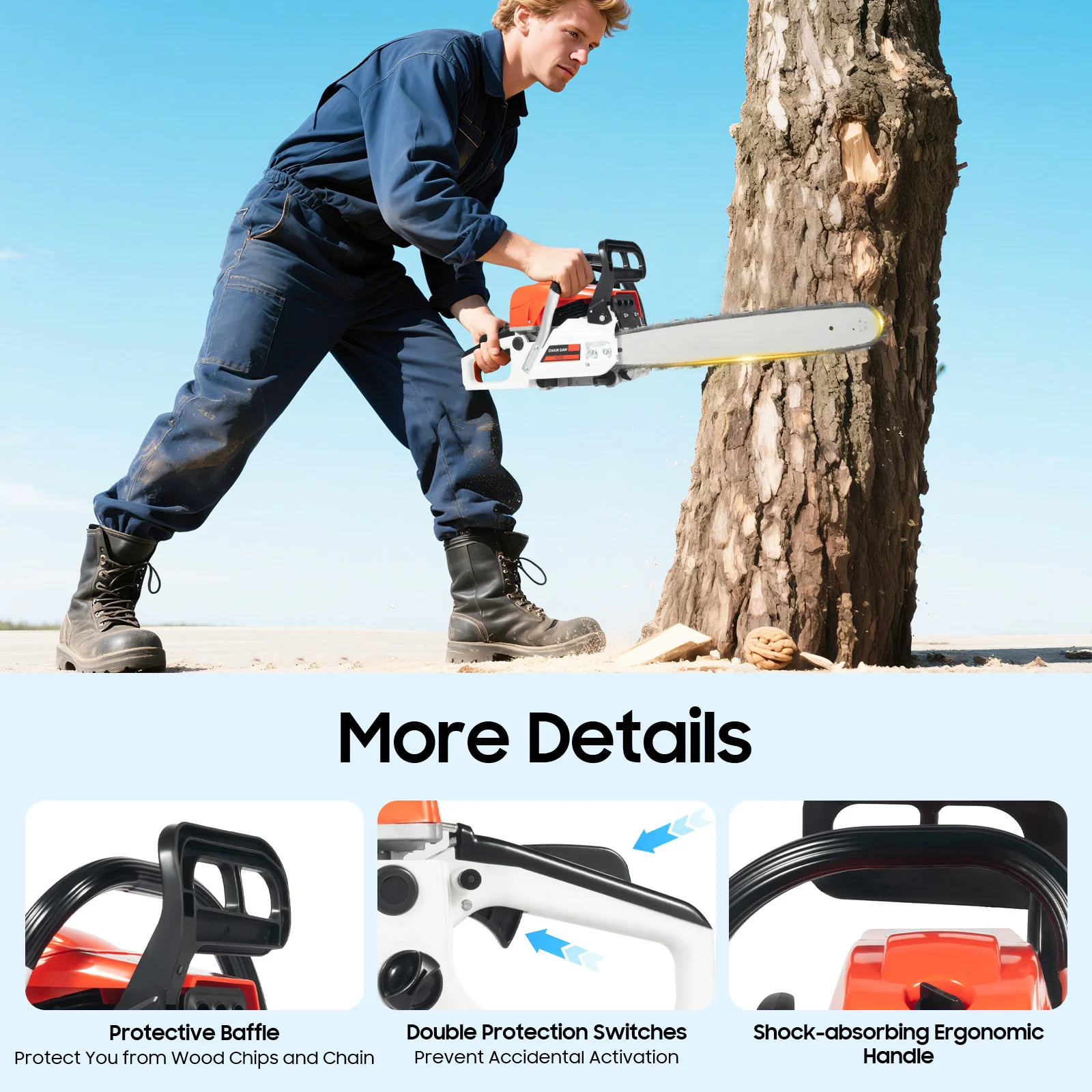 Chainsaw 20 Inch Chain Saw Professional Cutting Tool 2-Stoke Engine 52cc Saw Machine Suitable for Ranches, Farms, Etc