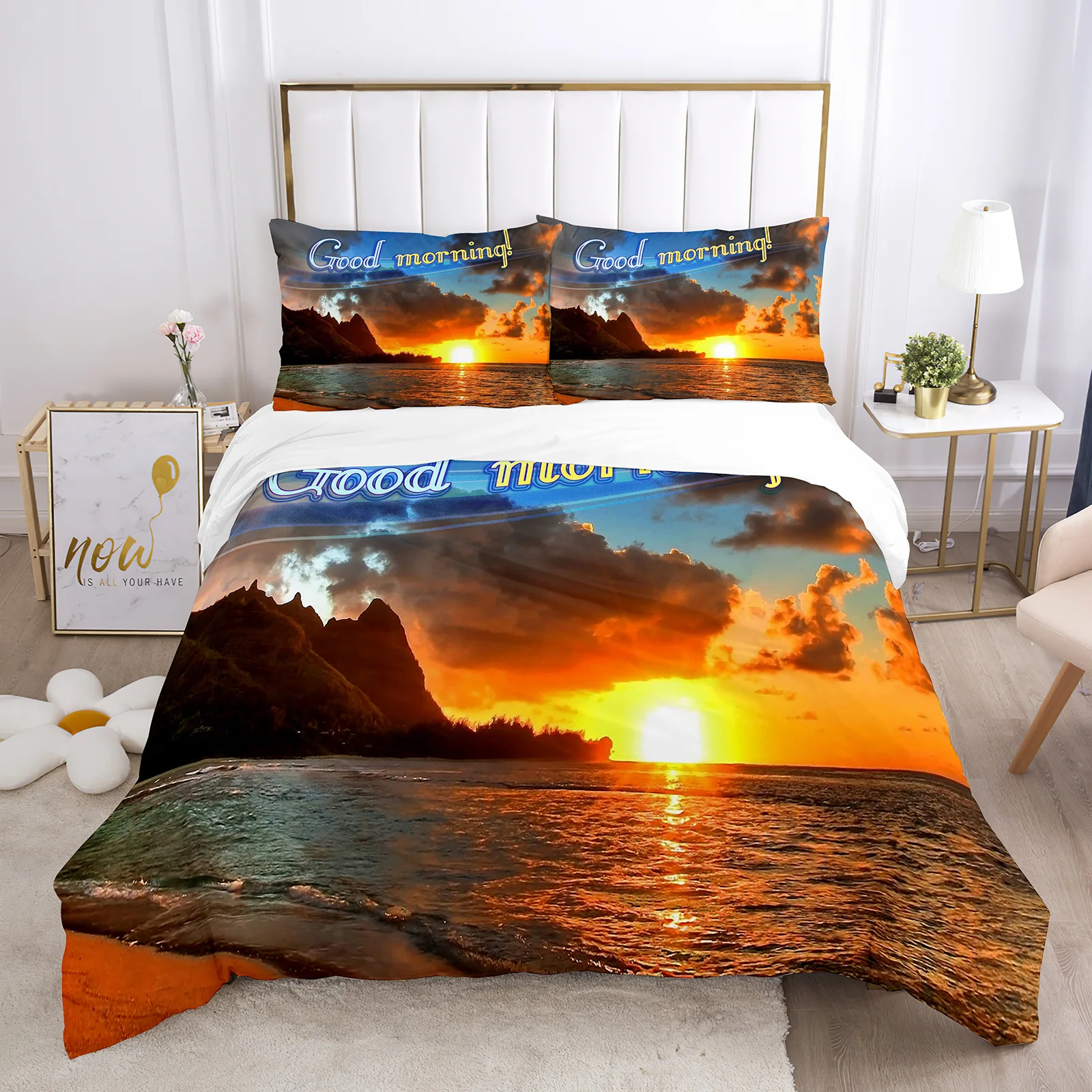 Good Morning Duvet Cover Set 3D Print Bread Coffee Breakfast Polyester Comforter Cover King Queen Full Size for Teen Bedding Set