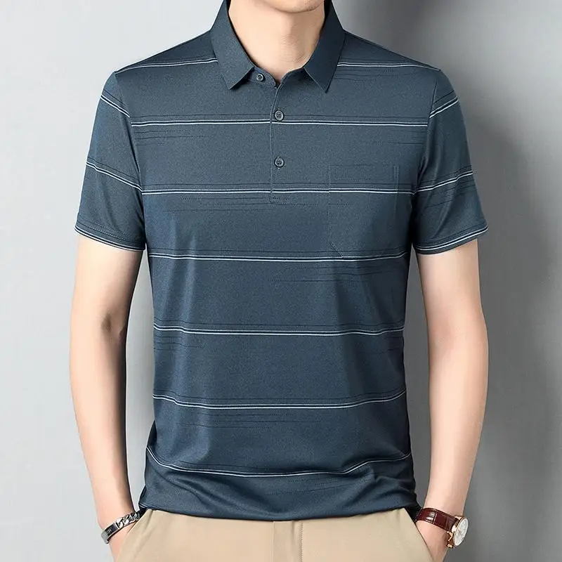 

Mid-Year Men's Short Sleeve T-Shirt Casual Striped Polo Shirt New Style for Middle-Aged and Elderly