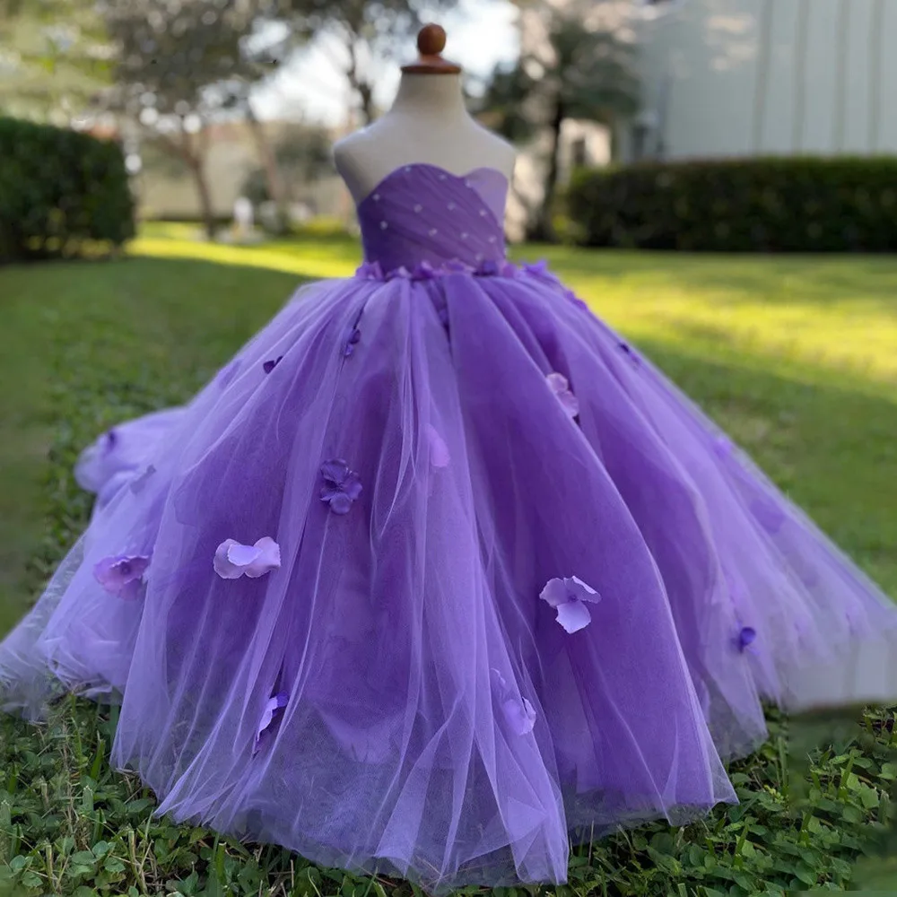 Red Flower Girl Dresses Kids Puff Sleeves Open Back Kids Princess Birthday Dress Long 3D Appliques Pageant Gown for Toddlers