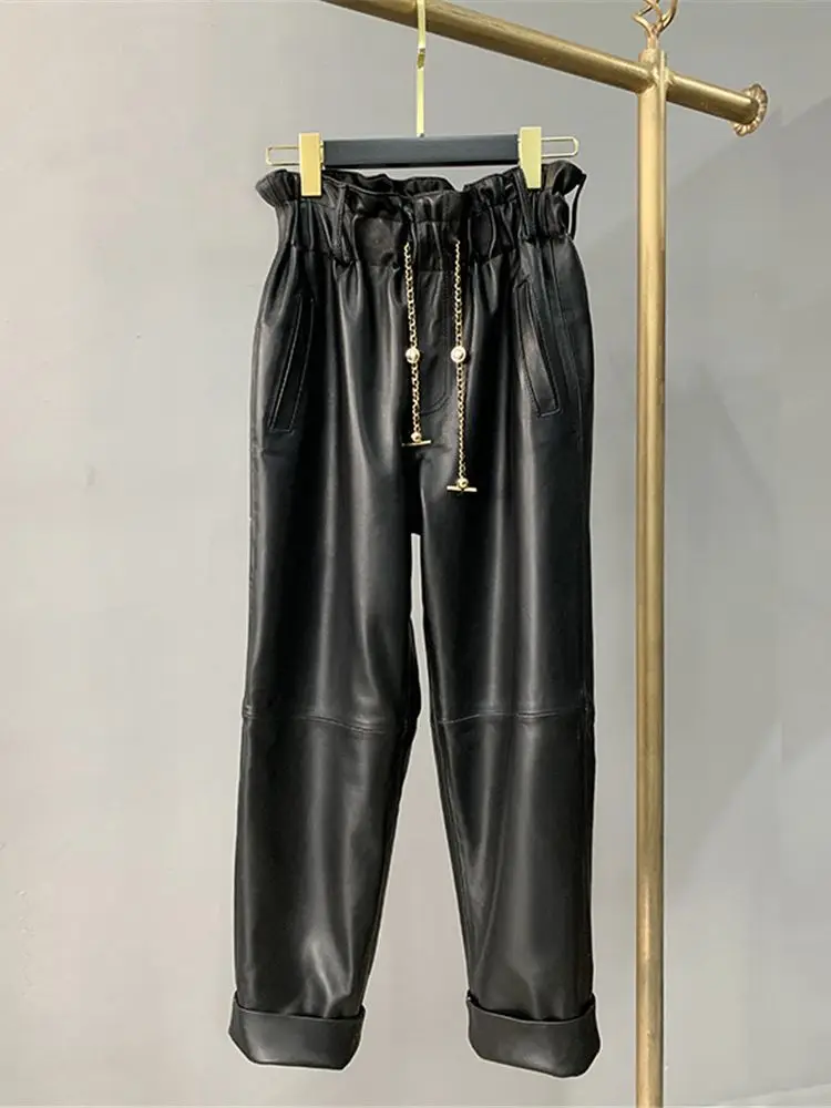 Real leather pants high waist Chains Stitching Genuine sheep Leather pants female  was thin leather pants with pockets wy892