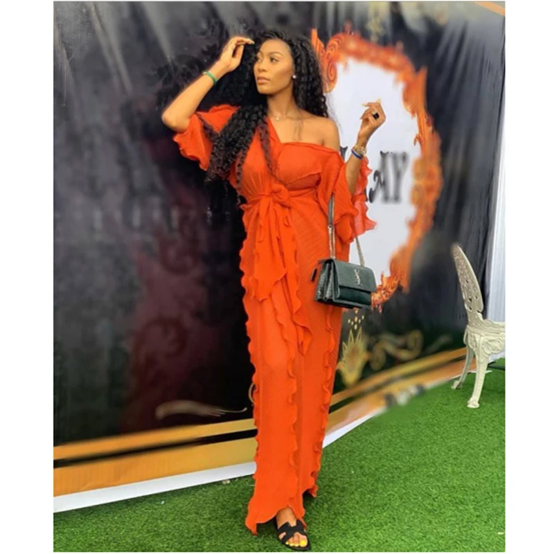 

Fashion Women Long Maxi Dress Ruffle Half Sleeve V Neck Party Dresses Slash Neck Holiday Beach Boho Summer Vestidos Kaftan