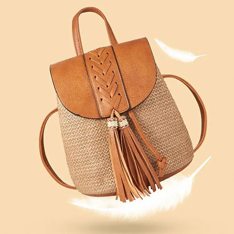 PU Leather Cover Straw Backpack para meninas, Leisure Woven School Bag, Knitting Beach Bag, Ladies Travel Holiday Bag, 2023