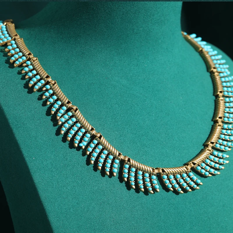 Ancient Egyptian Blue and White Stone Collar Torquse Egg Shaped Antique Jewelry Oval Chokers Necklace Women Vintage Accessories