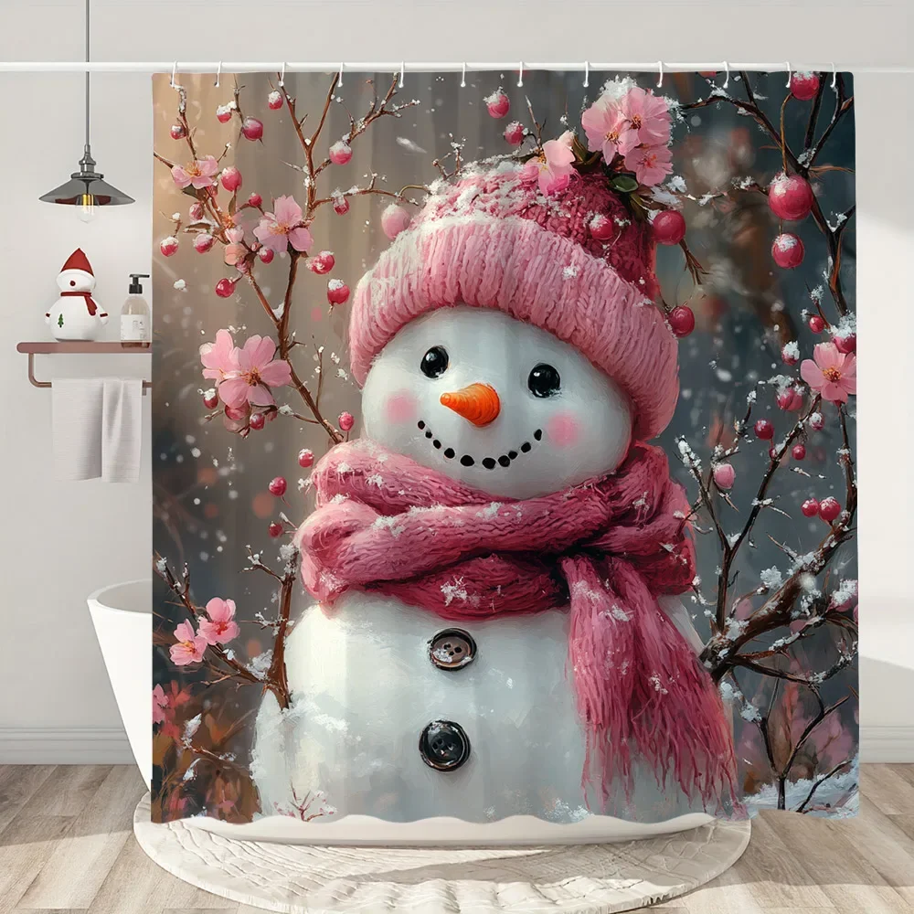 

Christmas Snowman Shower Curtain Xmas Tree Snow Scene Christmas Gifts Holiday Decor Bathroom Polyester Shower Curtain with Hooks