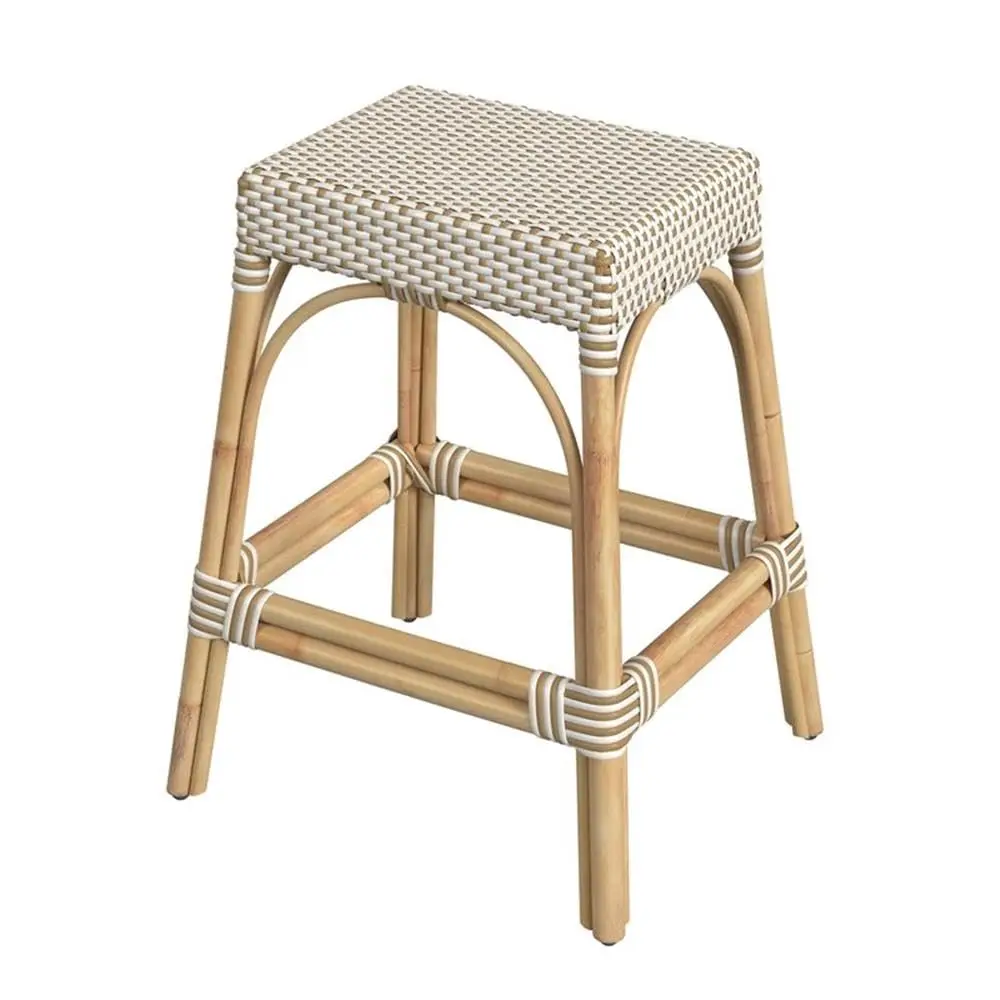 

24.5in Backless Rattan Counter Stool Handwoven Water-Resistant Seat White & Tan Dot Natural Frame Kitchen Dining Room Customized