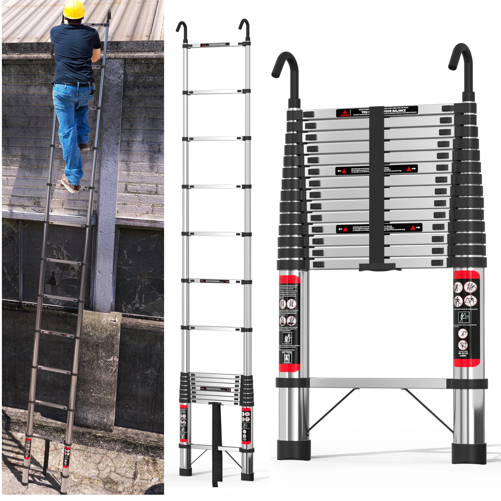 Escalera Telescópica de 4.4 Metros (14.4 Pies), Escalera Metálica Telescópica con Pies Antideslizantes, Escalera Plegable Multiusos con Capacidad de 330 Libras